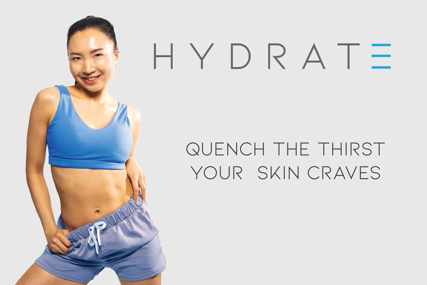 Wellfit Hydrate Logo with confidant model and slogan: quench the thirst your skin craves