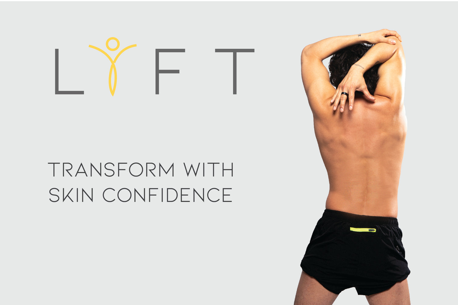 Wellfit Lift logo with model stretching and slogan: Transform with skin confidence