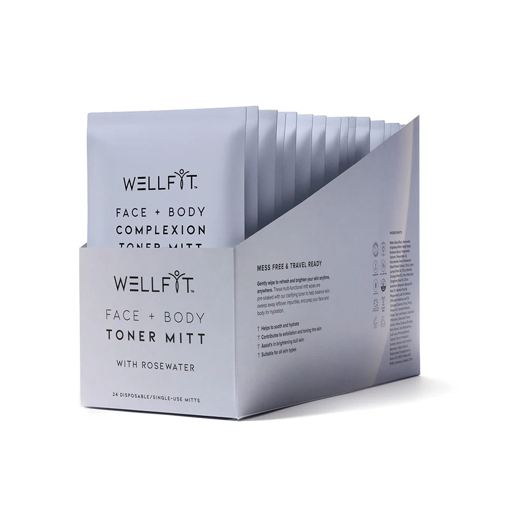Wellfit Face + Body Toner Mitts in a light gray cardboard display box with individual packets fanned out behind it on a white background.